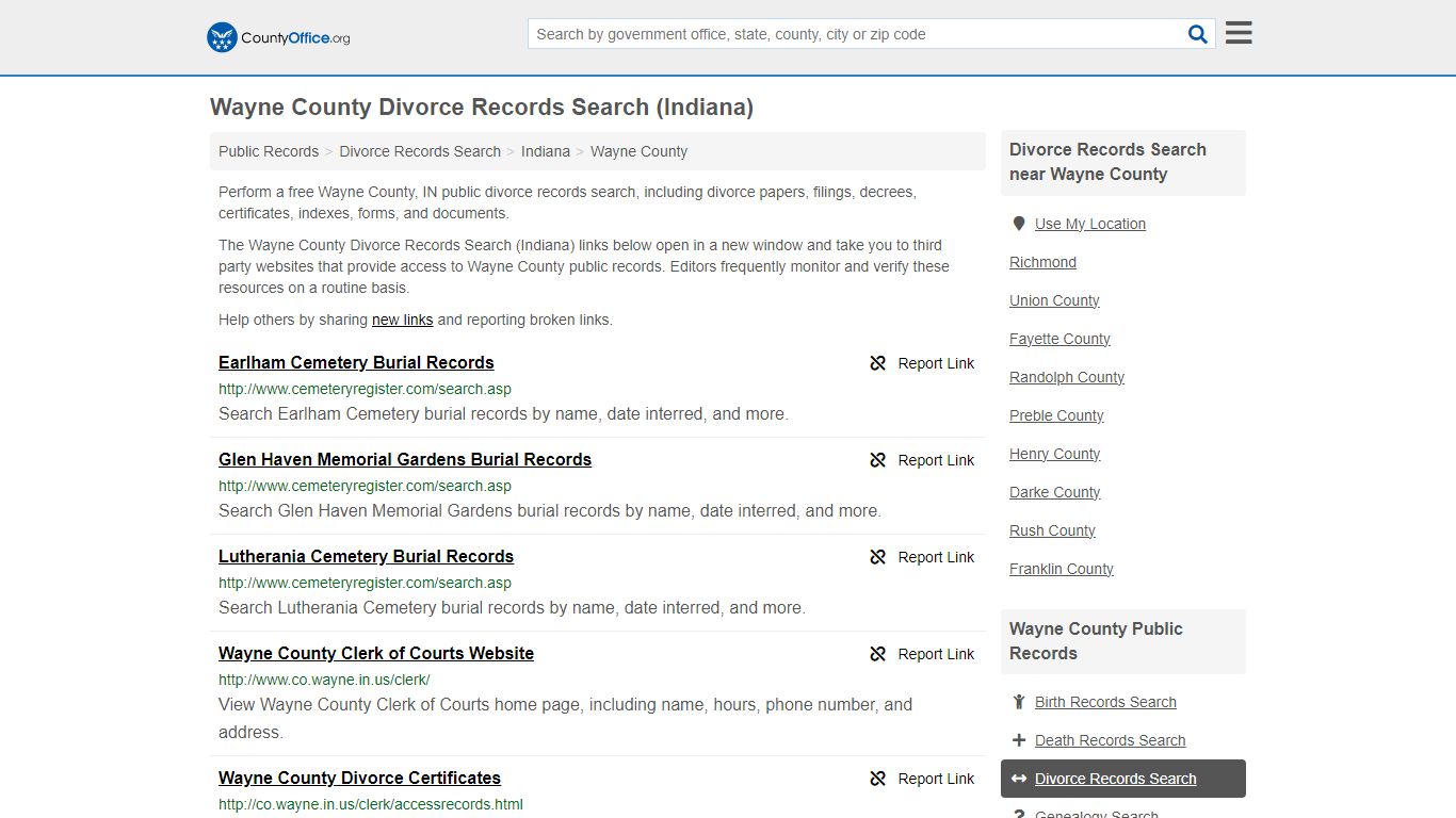 Wayne County Divorce Records Search (Indiana) - County Office